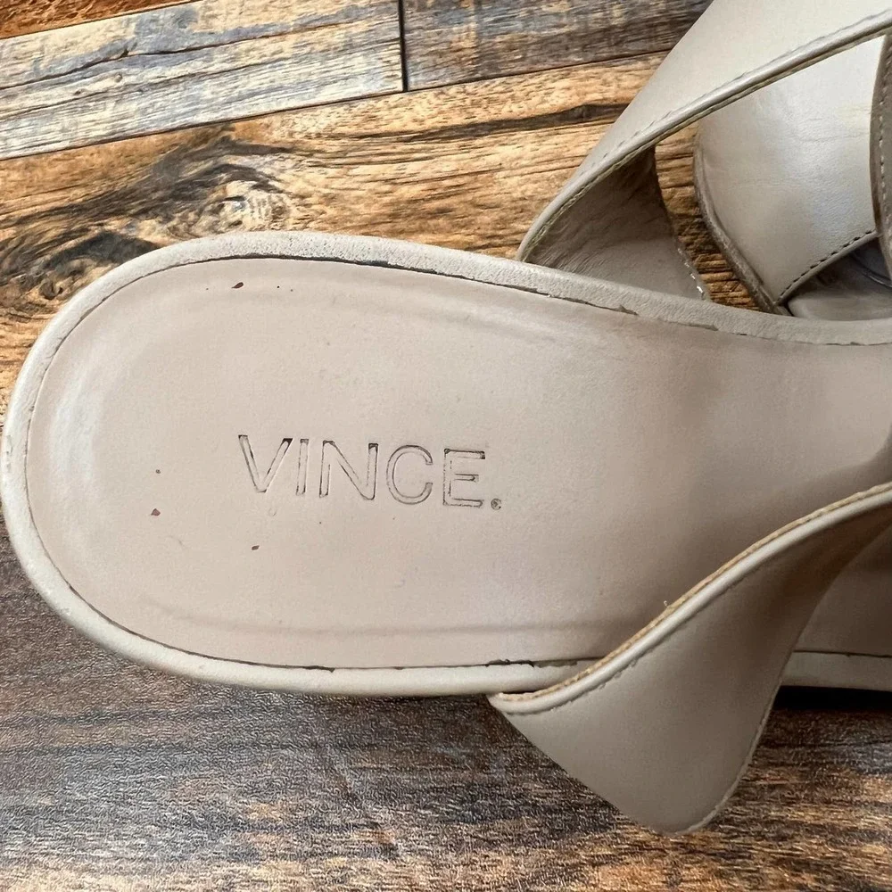 VINCE Josslyn Nude Leather Wooden Block Heel Sandals Ankle Strap Women's 8.5 - Picture 7 of 10